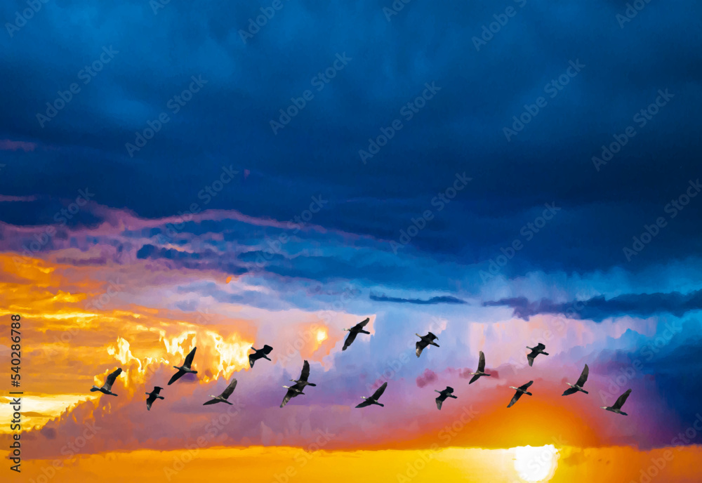 A flock of egrets are flying back to the nest. The backdrop is a sunset and multicolored clouds.