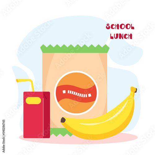 Lunch box with school or collage meal, banana, peanuts and juice. Vector illustration in flat style, isolated on white background. Colorful appetizing snack food in lunch box. Healthy meals storage.