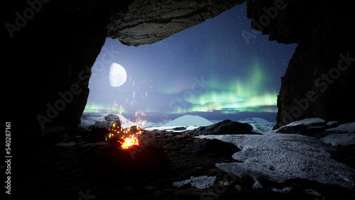 Inside the ice cave background. Incredible view from the cave to the magnificent beautiful mountain panorama. 3d render