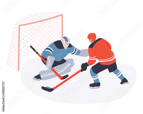 Vector illustration of hockey players. Goalkeeper stops the puck. Flat colorful cartoon artwork. Winter team sport on ice. Adult male player with stick and helmet