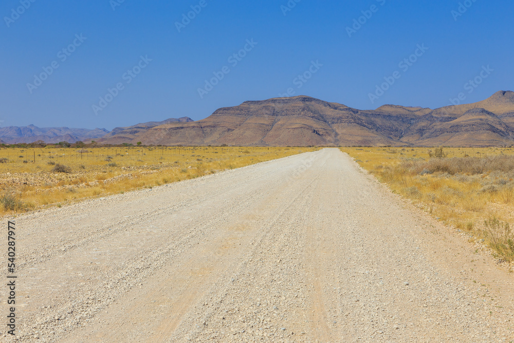 Namibian landscape along the gravel road. Khomas, Namibia.