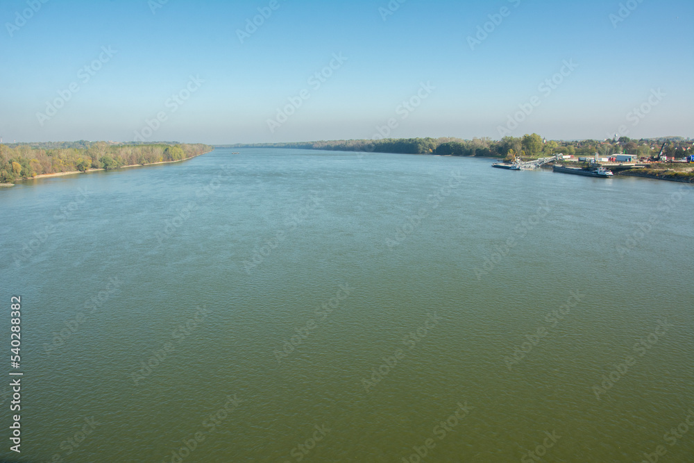 View of Danube River from the Pentele Bridge on M8 motorway near Apostag village in Bacs-Kiskun county, in the Southern Great Plain region of Hungary