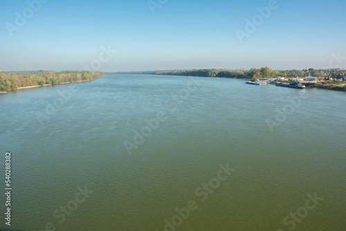 View of Danube River from the Pentele Bridge on M8 motorway near Apostag village in Bacs-Kiskun county, in the Southern Great Plain region of Hungary