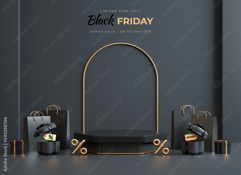 Black Friday geometric podium platform with black and gold stuff on a