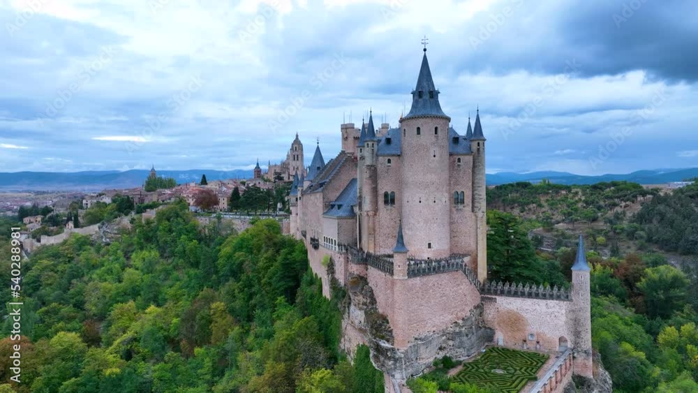 Panoramic view of the city of Segovia with the Alcazar and the Cathedral. Aerial view from a drone. Province of Segovia. Castile and Leon. Spain. Europe Panoramic view of the city of Segovia with the Alcazar and the Cathedral. Aerial view from a drone. Province of Segovia. Castile and Leon. Spain. Europe