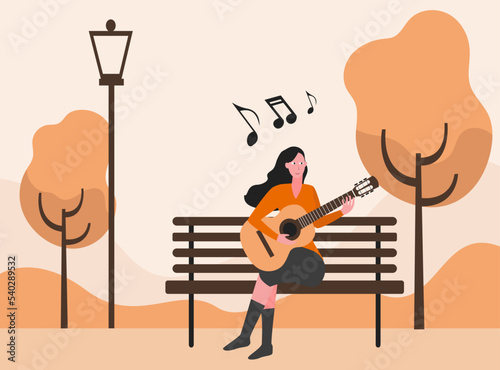 Leisure time vector concept: Young woman playing guitar in the park while enjoying leisure time
