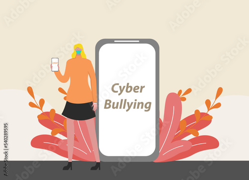 Cyber bullying in social networks and online abuse concept. Vector flat cartoon illustration of girl character showing cyber bullying message on mobile phone screen