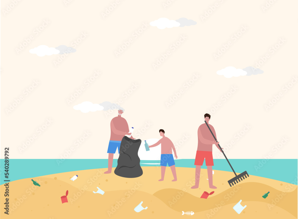 Volunteer picking trash and plastic on the beach