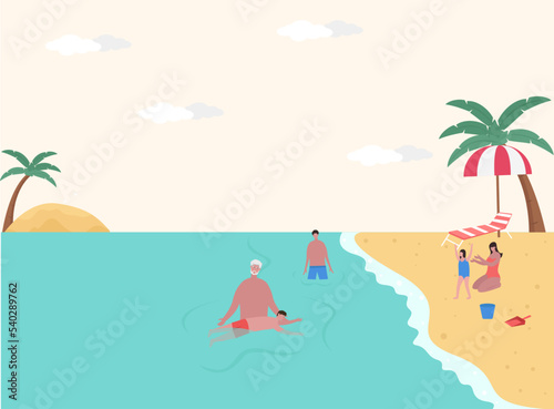 Summer holiday vector concept: Elderly man playing with his family while enjoying holiday in the beach