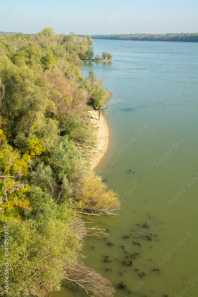 View of Danube River from the Pentele Bridge on M8 motorway near Apostag village in Bacs-Kiskun county, in the Southern Great Plain region of Hungary