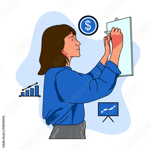 businesswoman writing business ideas on whiteboard to make plans for facing recession