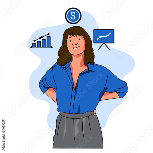 businesswoman standing thinking business agency idea to make plans for facing recession smiling