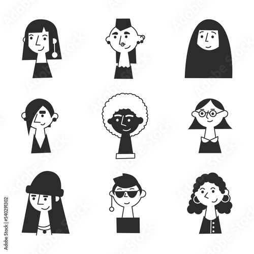 Female faces of various races, skin tones and hairstyles. Girl power concept. Women diversity and equality black and white flat vector illustration set.
