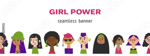 Female faces of various races, skin tones and hairstyles. Girl power concept. Women diversity and equality flat vector seamless border.
