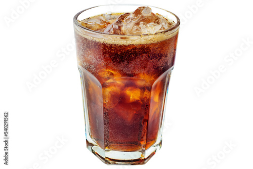 Cola with ice in a glass. Beautiful foam and air bubbles in a sweet carbonated drink