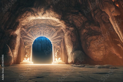 Portal in a stone arch in a mountain cave. Gateway to other worlds, fantasy scene,  3D rendering, raster illustration.
