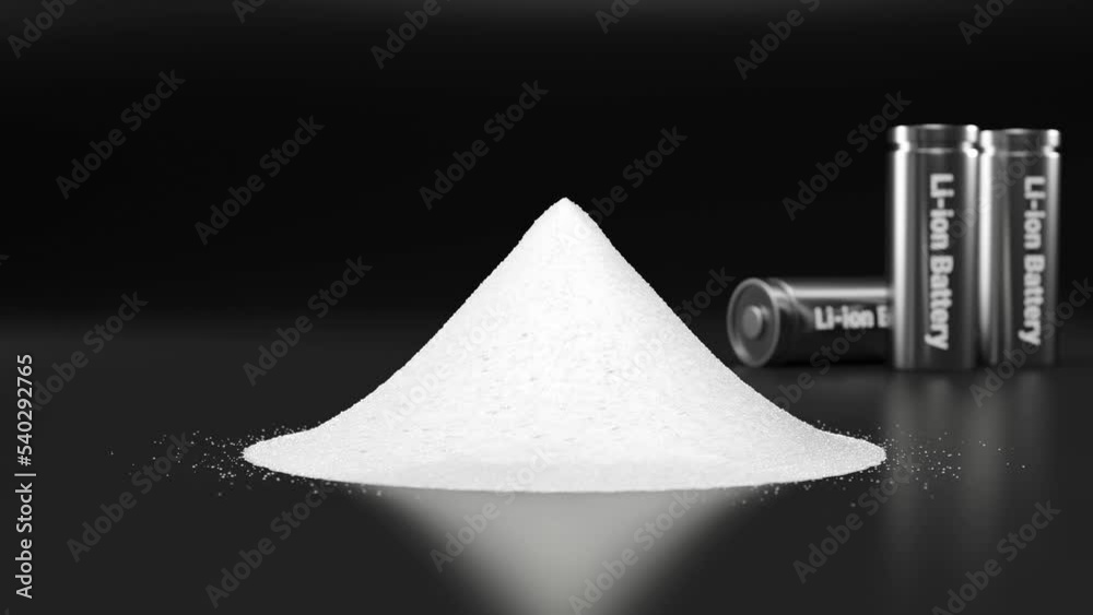 Pile of lithium-rich salt material from deposits for Li-ion battery manufacturing in EV industry, Lithium hexafluorophosphate extract from rechargeable energy cell in recycling process 3D animation