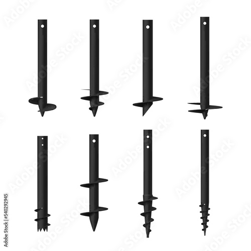 Screw piles steel round engineering construction element set realistic vector illustration