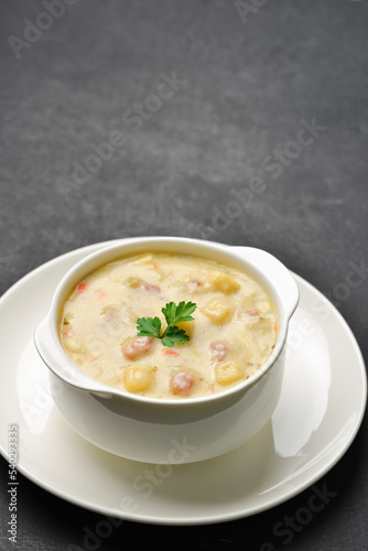 A bowl of potato soup with vegetables and meat on a dark background with copy space. Studio shot from a high angle. Vertical frame.