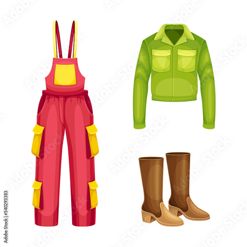 Winter Clothes with Red Jumpsuit, Down Jacket and Boots as Warm Outerwear and Protection Against Cold Weather Vector Set