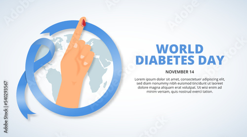 World diabetes day background with a blue ribbon and tested hand
