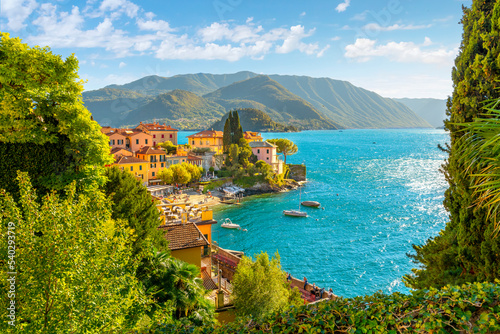 Scenic view from above the colorful Italian lakefront village of Varenna, Italy, on the shores of Lake Como in the Lombardy region of Northern Italy.	