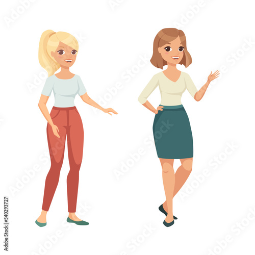 Woman Character in Skirt and Pants in Standing Pose Vector Set