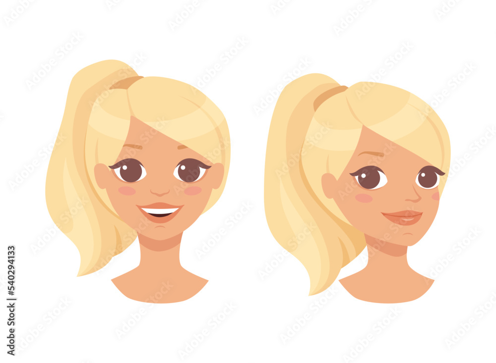 Pretty Blond Woman Character Face with Ponytail with Different Emotion Vector Set Pretty Blond Woman Character Face with Ponytail with Different Emotion Vector Set