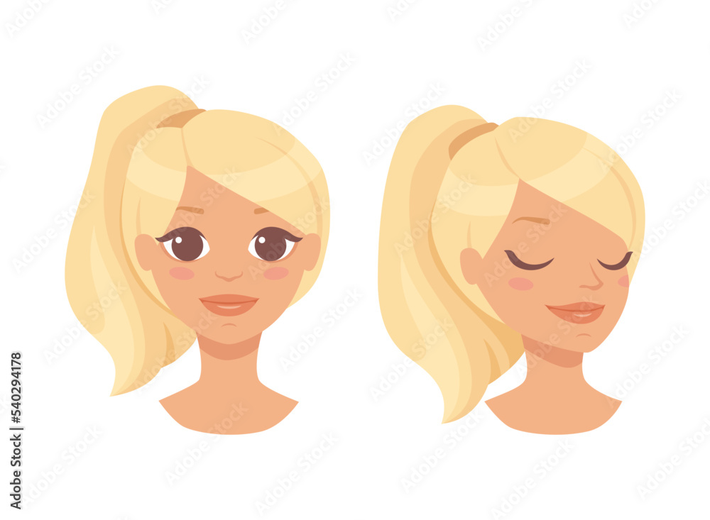 Pretty Blond Woman Character Face with Ponytail with Different Emotion Vector Set