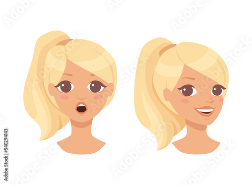 Pretty Blond Woman Character Face with Ponytail with Different Emotion Vector Set
