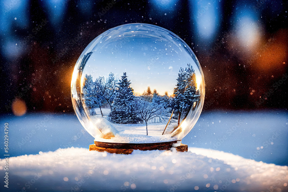 Glas Schneekugel mit weihnachtlichem Aufbau Schnee und Landschaft Digital  Art Stock-Illustration | Adobe Stock
