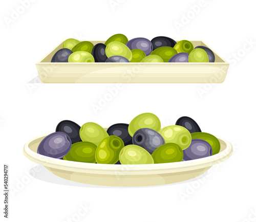Olive Green and Black Pitted Fruit Rested on Plate Vector Set