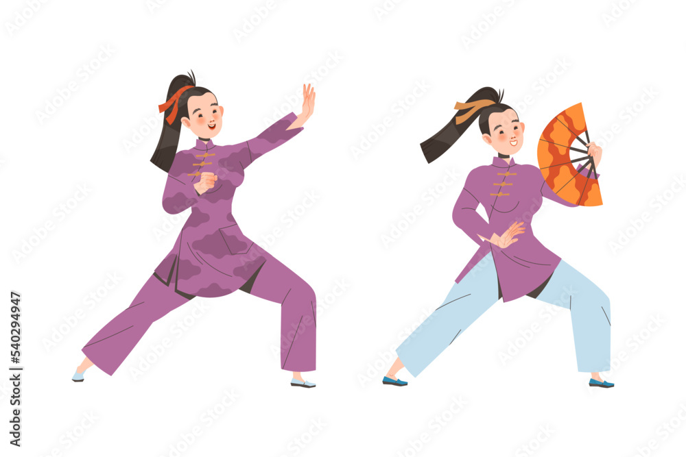 Young Woman Character in Kimono with Fan Practicing Tai Chi and Qigong Exercise Vector Set