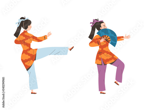 Young Woman Character in Kimono with Fan Practicing Tai Chi and Qigong Exercise Vector Set