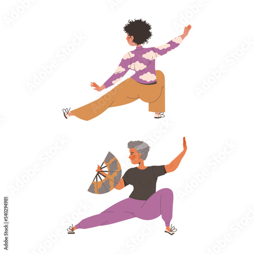 Woman Character with Fan Practicing Tai Chi and Qigong Exercise Vector Set