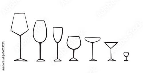 Set of glasses for alcohol drinks. Hand drawn objects isolated on white background. Vector illustration.