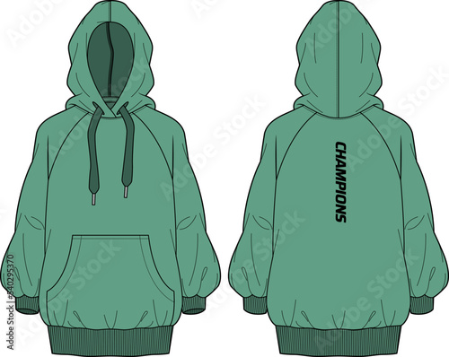 Women Long sleeve Hoodie jacket sweatshirt design flat sketch illustration, girls Hooded jacket sweater with front and back view, long hem hooded winter jacket for Running and workout in winter