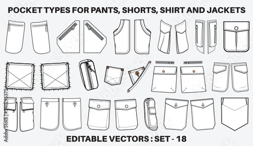 Patch pocket flat sketch vector illustration set, different types of Clothing Pockets for jeans pocket, denim, sleeve arm, cargo pants, dresses, bag, garments, Clothing and Accessories