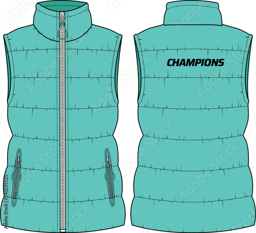 Womens Quilted Puffer gilet jacket design flat sketch Illustration, Sleeveless Down puffa Padded jacket with front and back view, Soft shell winter jacket for girls and ladies for outerwear in winter