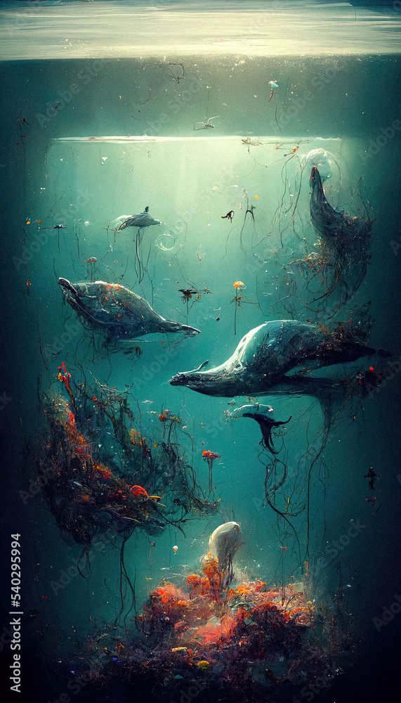 Fototapeta premium Abstract digital painting of fish and sea creatures swimming in the ocean marine life blue, turquoise, orange small fish fantasy fairy tale drawing illustration high quality wallpaper background water