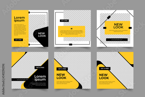editable social media post layout for black and yellow background color with rectangle line shape. fashion sale promotion arrival square post web internet ads. 
discount fashion sale bundle set. 