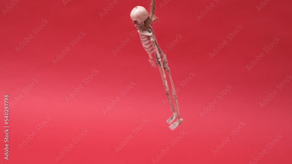 skeleton hanging on gallows over red background. Halloween video with