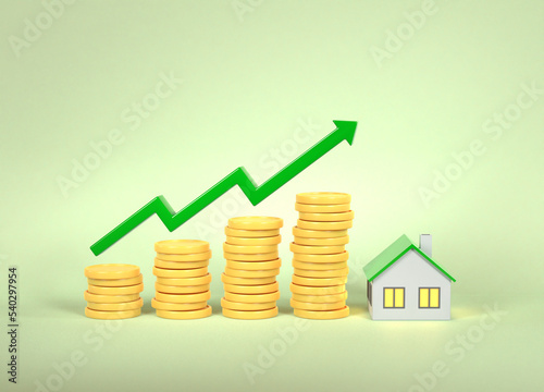 The concept of increasing the value of homeownership - green up arrow, yellow coins and a house. Positive trends in the real estate market. Rising real estate price chart. 3D rendering