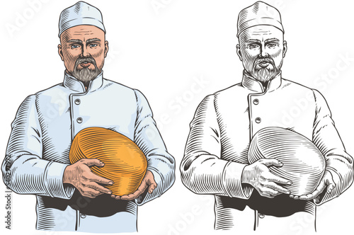 Cheesemaker holding cheese isolated on white background. Dairy products parmesan, cheddar or gouda. Master chef in uniform. Engraving style vector illustration.