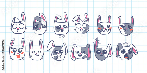 Cute Kawai rabbits. Different expression muzzles bunnies in doodle style. Angry, cheerful, joyful, happy, sick, love, suspicious, playful, laughing kawaii hare