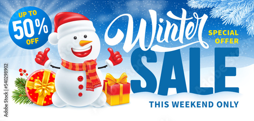 Cartoon happy snowman in Santa hat and warm scarf, with gifts. Winter snowy background, fir tree branches with frost. Christmas and New Year sale advertising banner template. 3d vector illustration