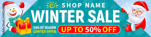 Christmas and New Year winter sale advertising banner template. Santa and snowman with gift box peeks out behind banner. Place for text, percentage sign. Snowflakes on background. Vector illustration