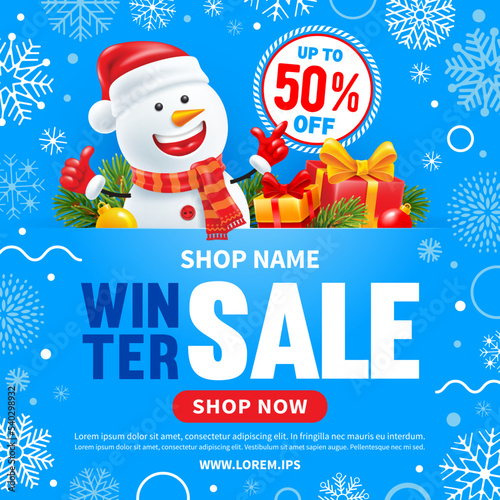 Christmas and New Year winter sale advertising banner template. Happy snowman with Santa hat, warm scarf, gifts, fir tree branches. Frame of snowflakes on blue background. 3d vector illustration