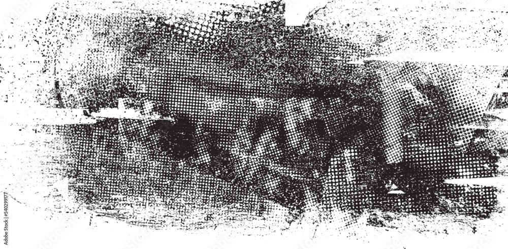 Glitch distorted grungy banner . Noise destroyed background . Trendy defect overlay texture . Glitched collage .Grunge textured . Distressed effect .Vector shape.  halftone dots . Screen print texture