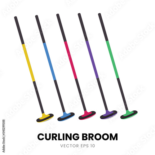 Broom Element Collection for Yellow, Blue, Red, Green, and Purple Color Curling Game. Sports Ice Rink, Flat Vector Icon Illustration.